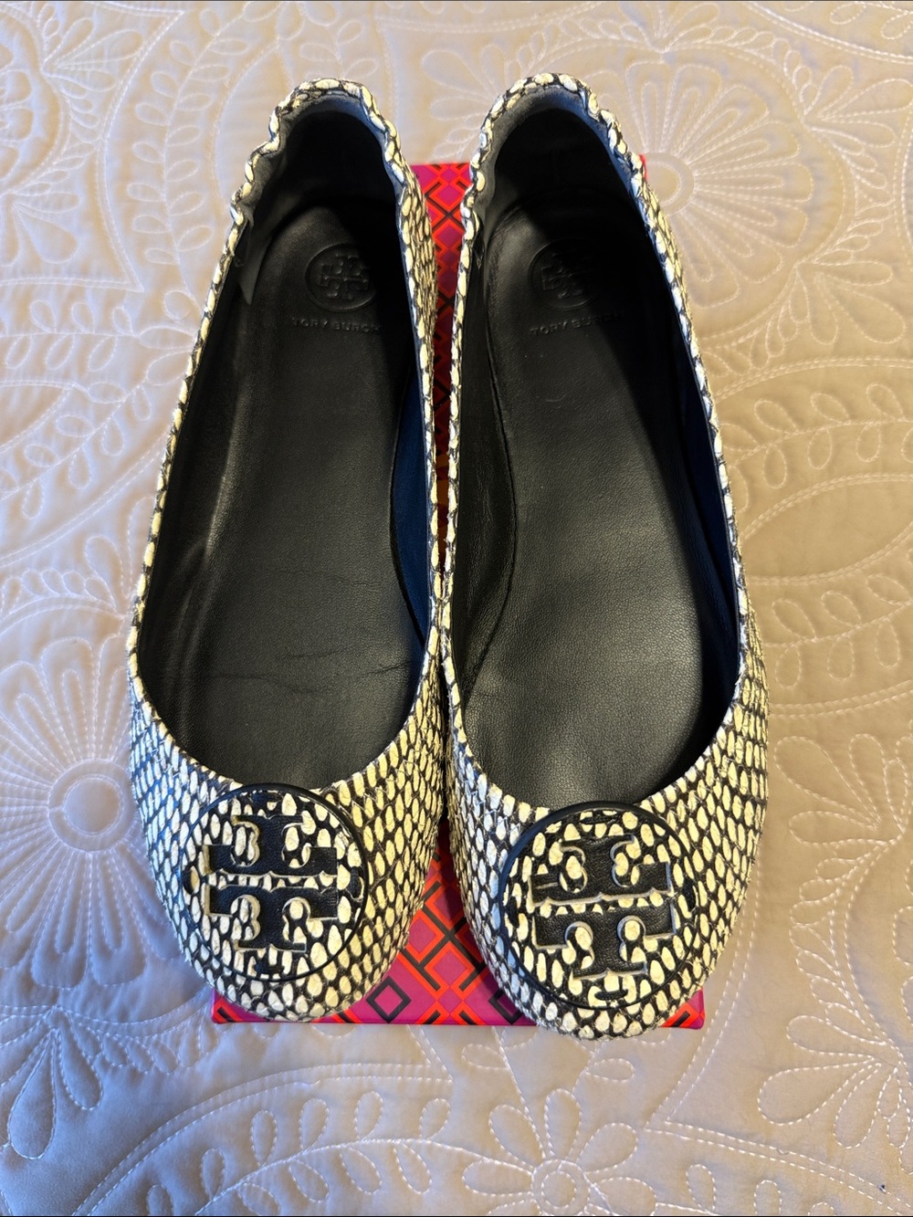Tory Burch Black and White Printed Leather Logo Ballet Flats